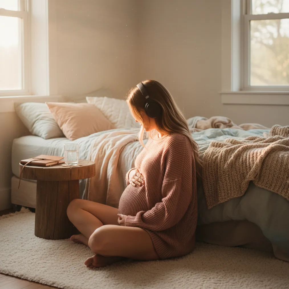 Pregnant person sitting on a bed with headphones, practicing slow breathing beside a journal