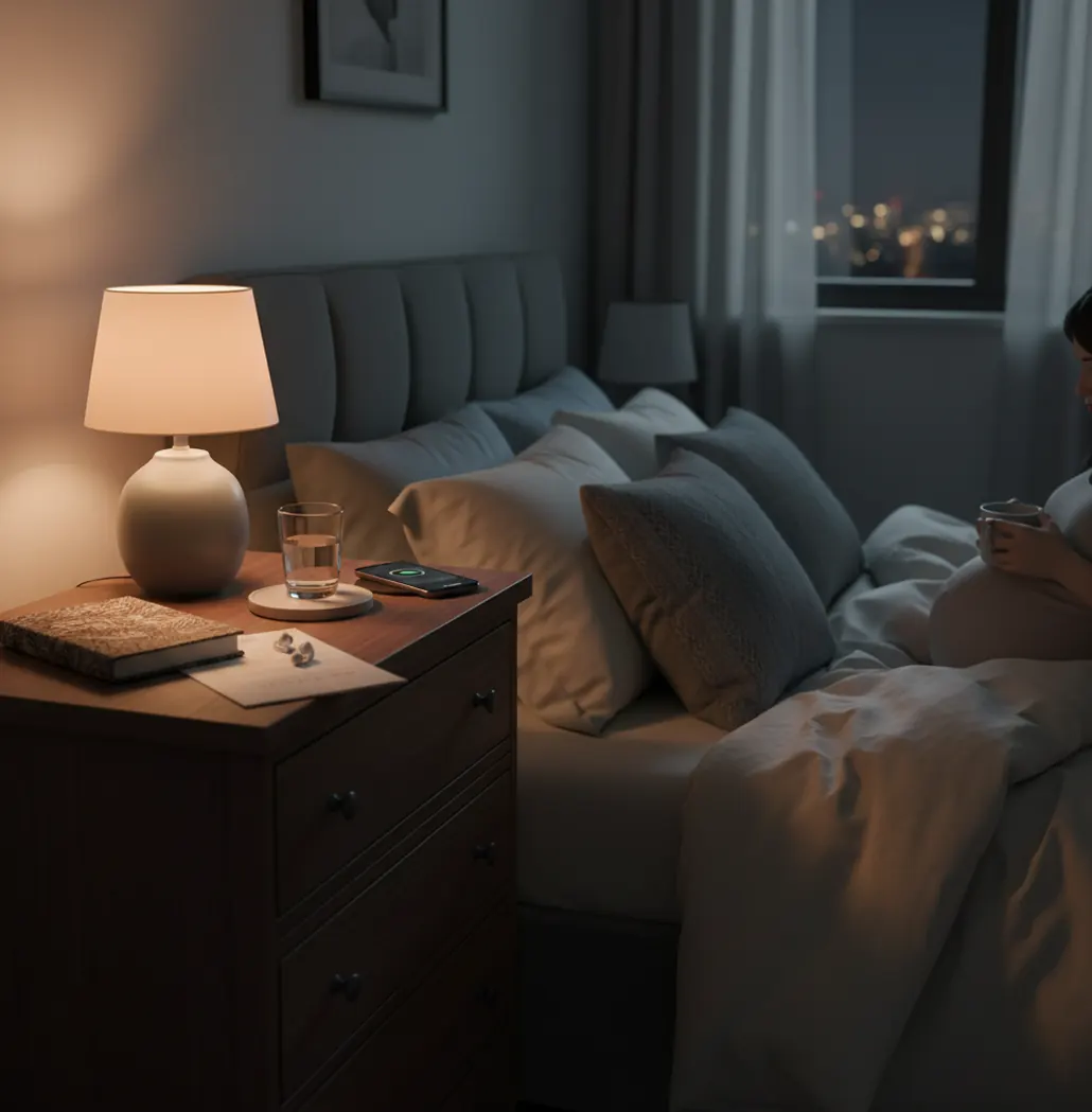 Phone on nightstand beside tea and notebook, queued hypnobirthing audio at bedtime