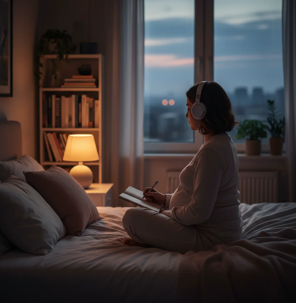 Pregnant person sitting on bed with headphones, practicing calm breathing in soft evening light
