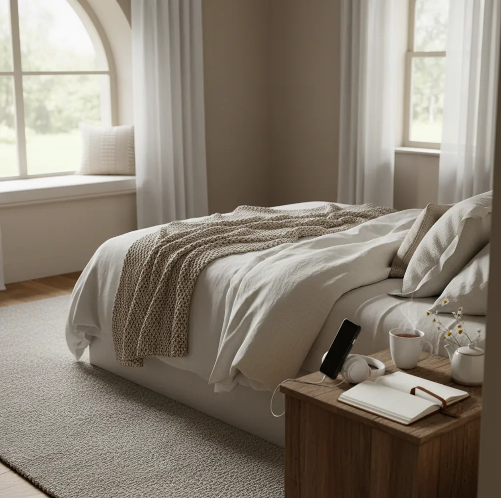 Pregnant woman holding phone with headphones nearby in calm bedroom, planning birth prep