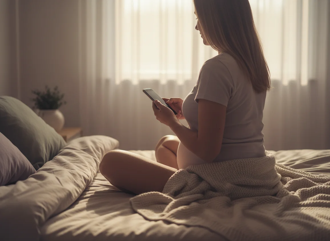 Pregnant woman viewed from behind sitting peacefully on bed holding phone, soft morning light, calming neutral bedroom