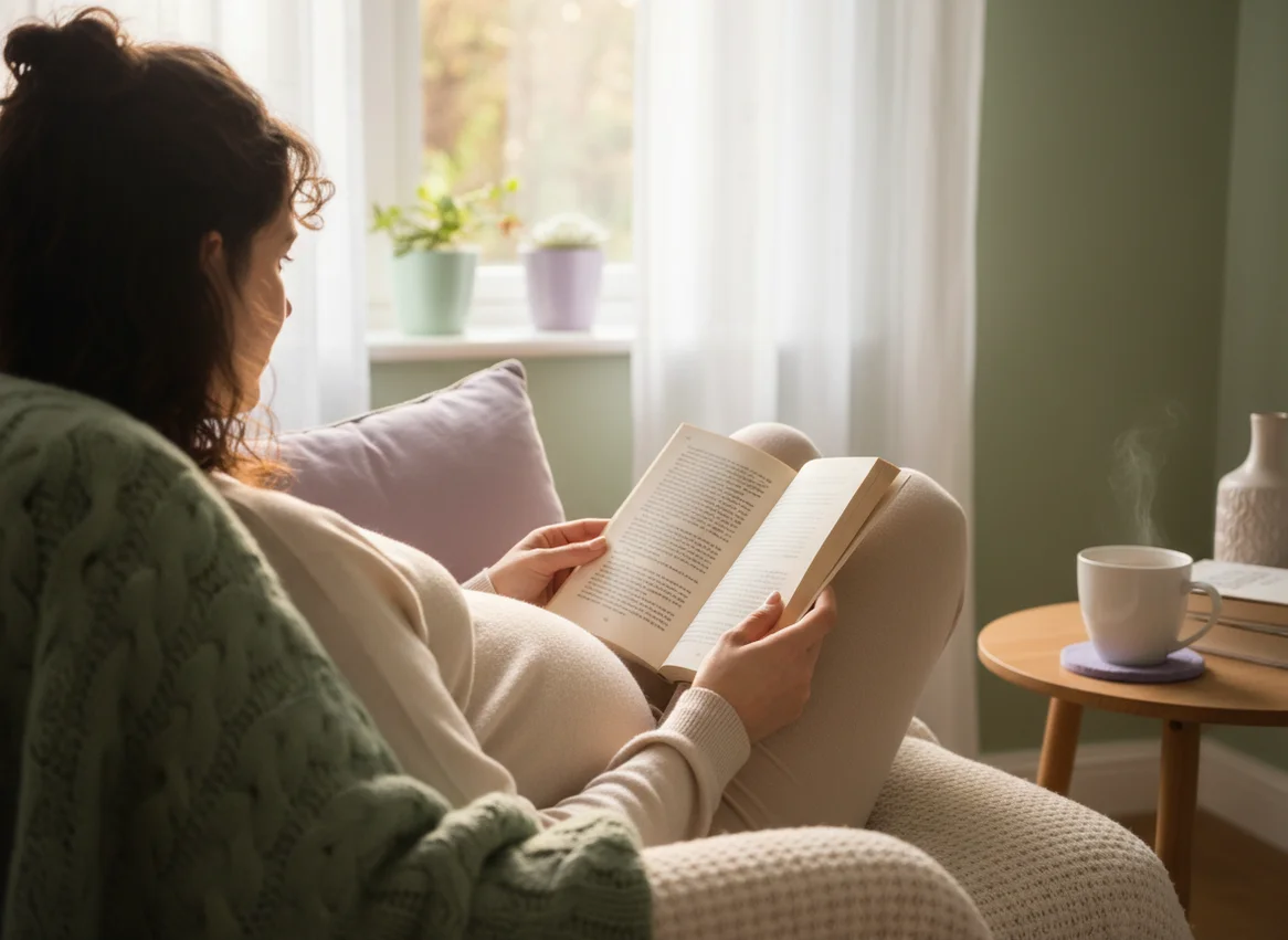 Pregnant woman reading a book while relaxing in a cozy armchair by a sunlit window, peaceful preparation scene