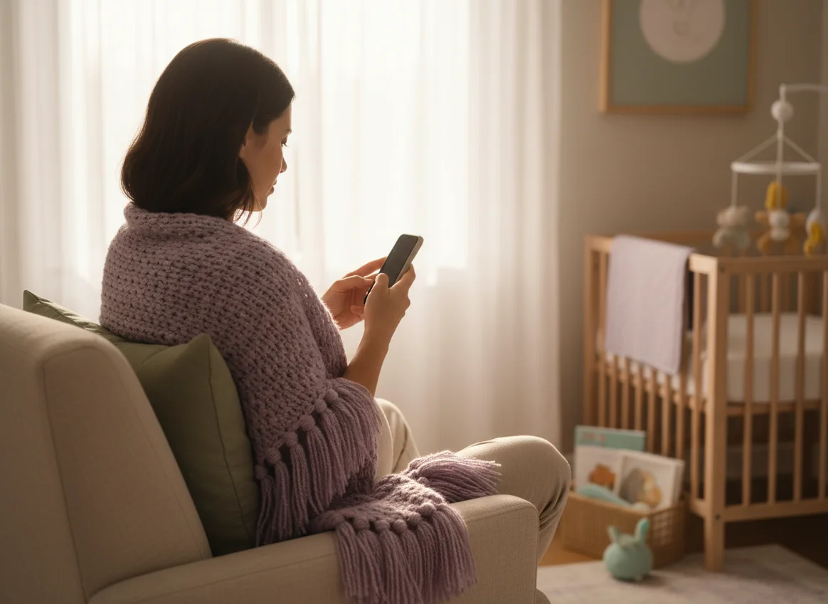 Pregnant woman from behind sitting peacefully with phone in hand, soft morning light in cozy nursery setting