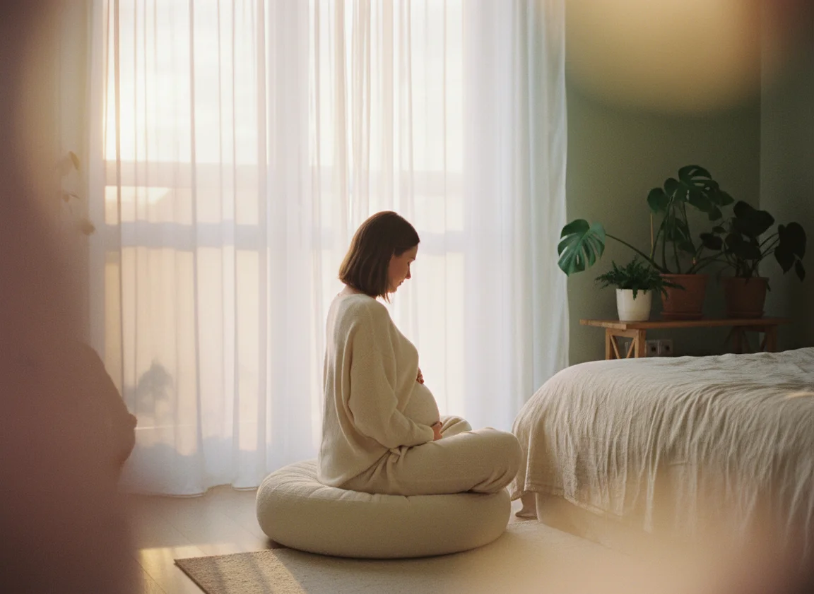 Pregnant woman meditating peacefully by a sunlit window with hand on belly, soft neutral tones