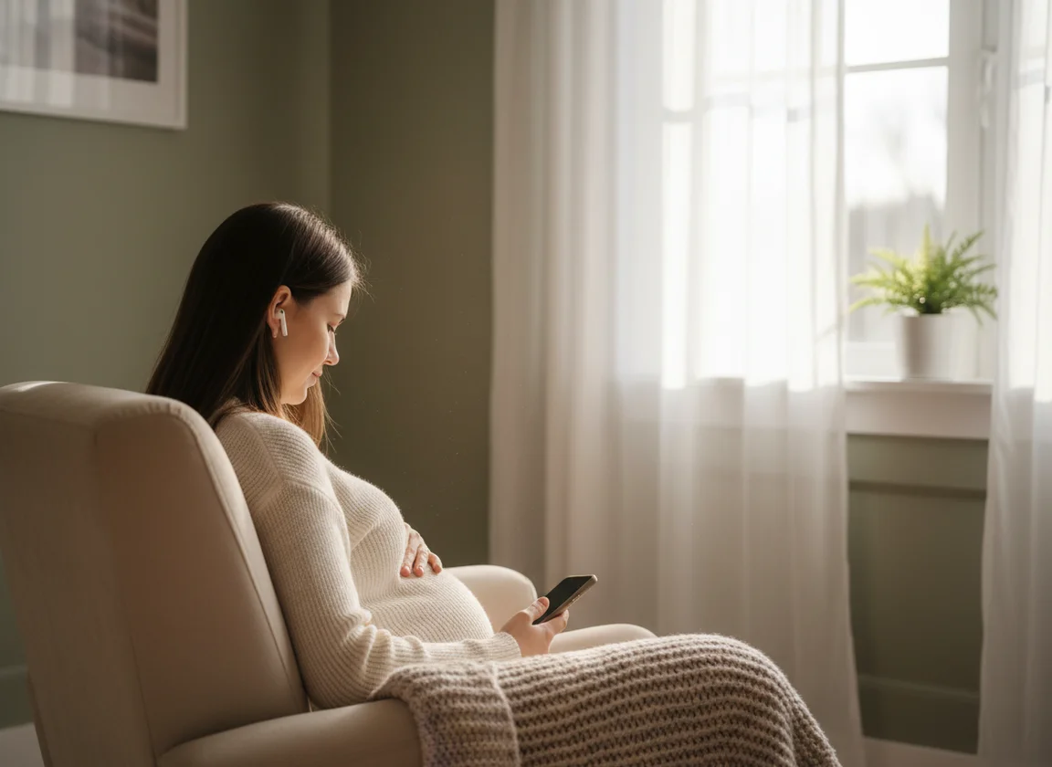 Pregnant woman from behind sitting peacefully by window with smartphone and earbuds, practicing relaxation