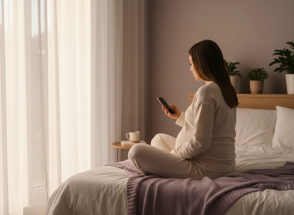 Pregnant woman practicing hypnobirthing meditation at home with smartphone in soft morning light
