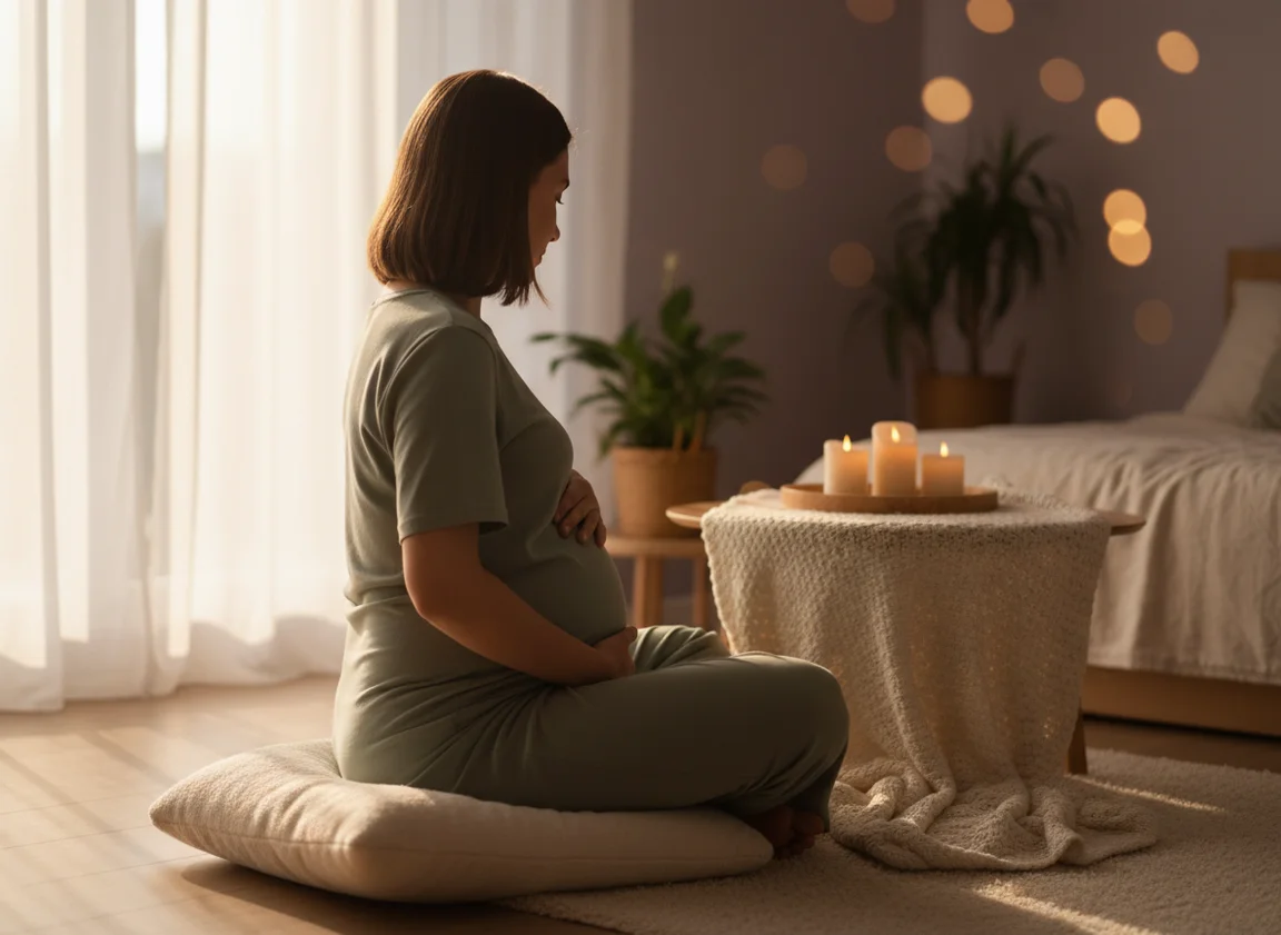 Pregnant woman meditating peacefully from behind, hands on belly, soft morning light in calming bedroom
