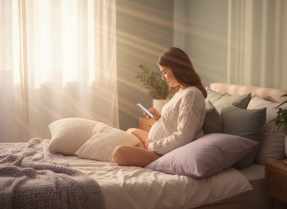 Pregnant woman from behind sitting on bed holding phone, peaceful morning light, practicing hypnobirthing at home