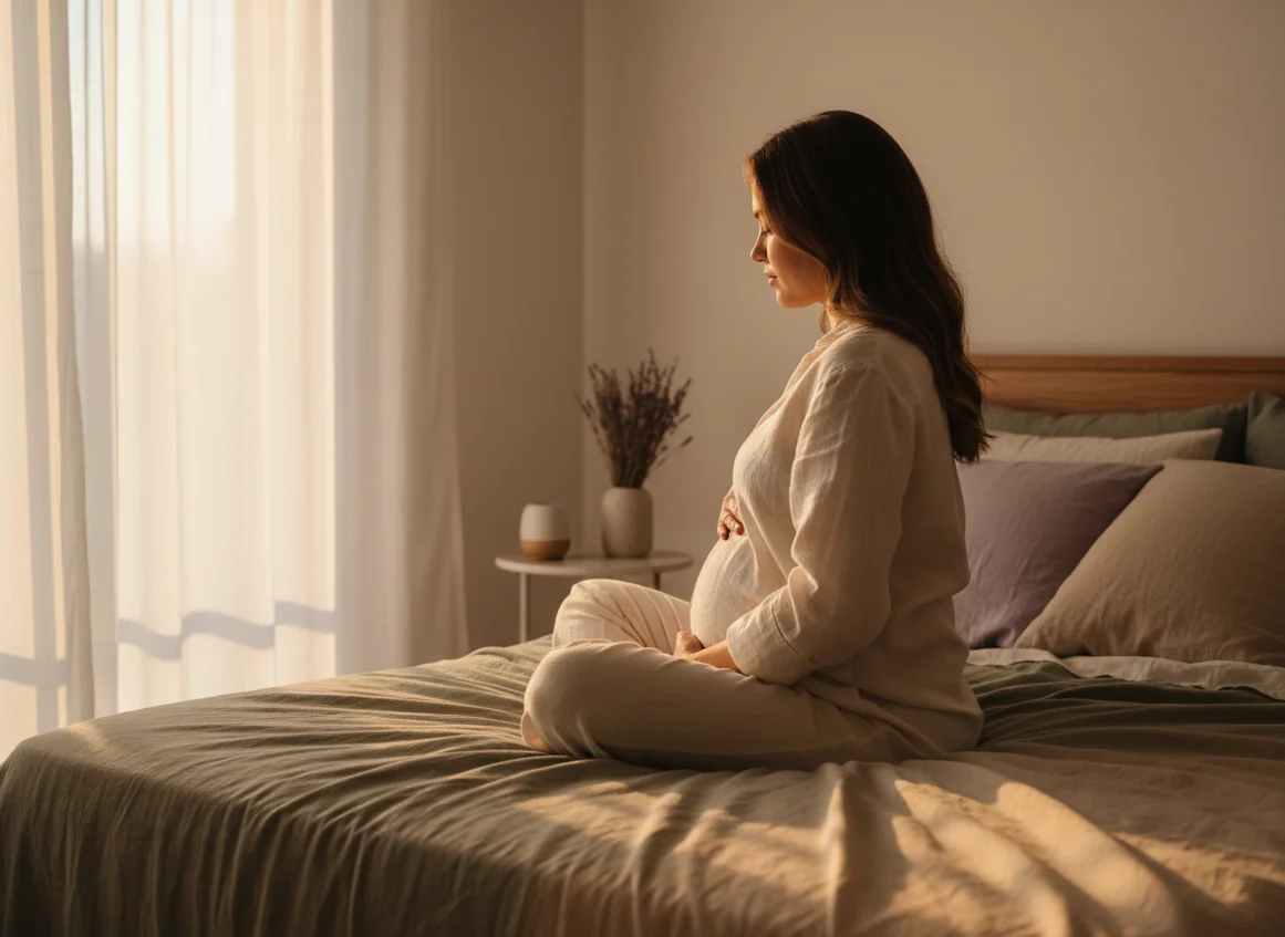 Pregnant woman sitting peacefully on bed practicing calming breathing techniques in soft morning light