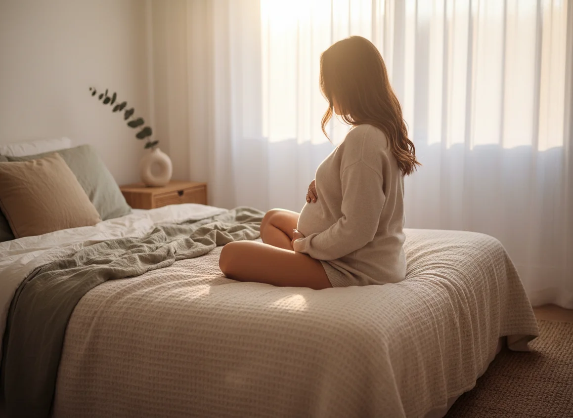 Pregnant woman from behind peacefully cradling belly in soft morning light, cozy bedroom with warm neutral tones