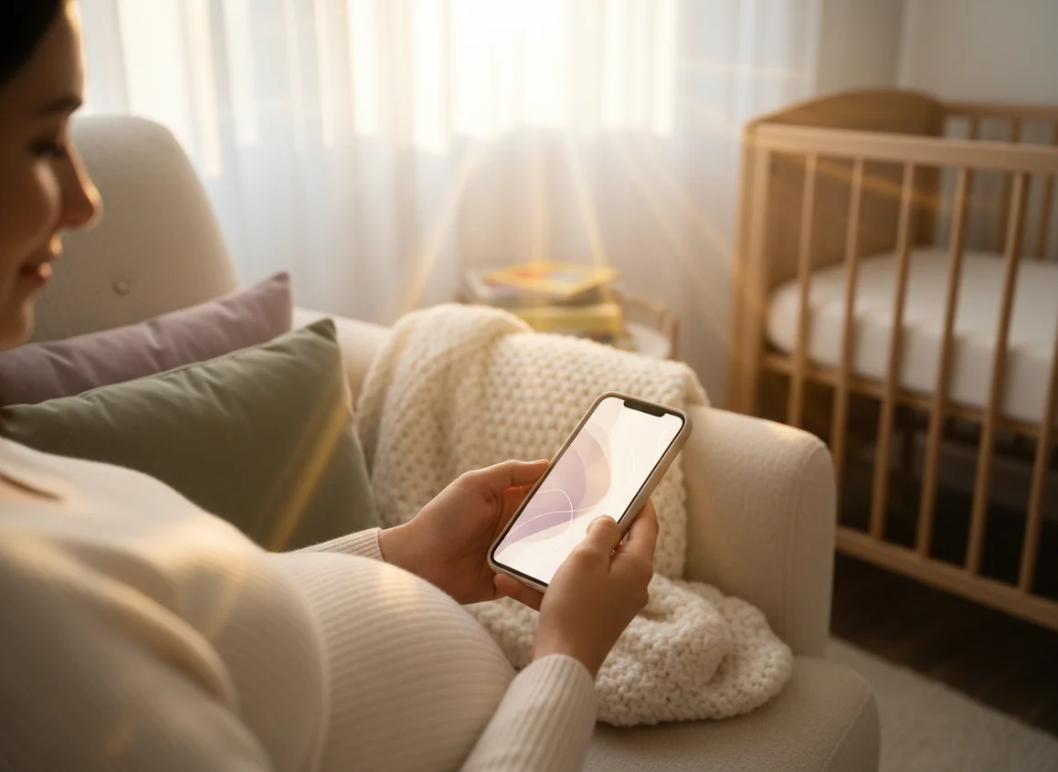 Pregnant woman's hands holding phone while cradling belly in warm nursery setting with soft golden light