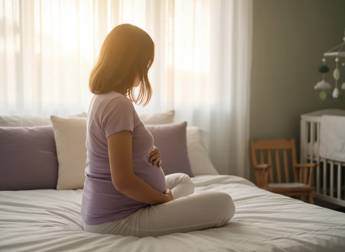 Pregnant woman practicing calming breathing exercises while sitting peacefully on bed in soft morning light