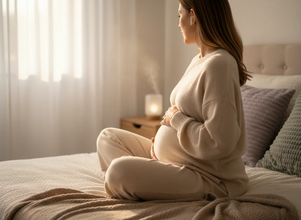 Pregnant woman meditating from behind with earbuds, hands on belly, soft morning light in cozy bedroom