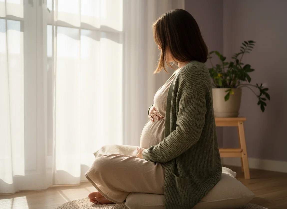 Pregnant woman meditating peacefully by a sunlit window, hands on belly, viewed from behind in soft warm light