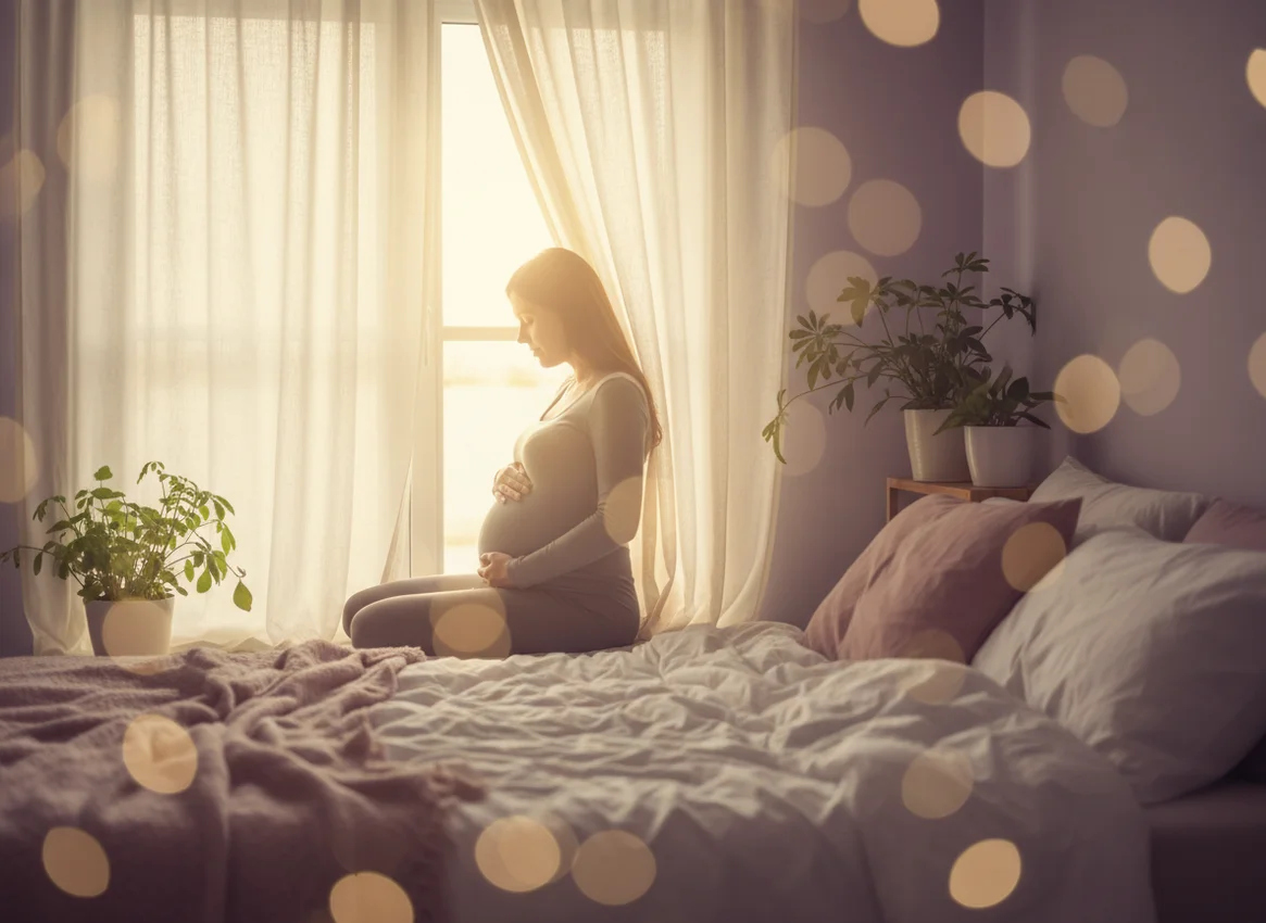 Silhouette of pregnant woman peacefully cradling belly by sunlit window in warm, calming morning light