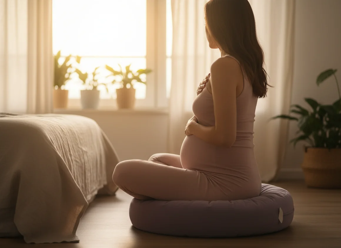 Pregnant woman practicing breathing techniques while sitting peacefully by a sunlit window, hands on belly and chest