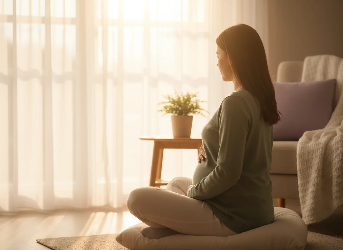Pregnant woman meditating peacefully by sunlit window, hands on belly, warm calming morning light