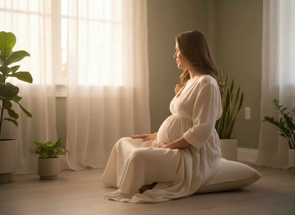 Pregnant woman meditating peacefully by sunlit window, viewed from behind in warm serene setting