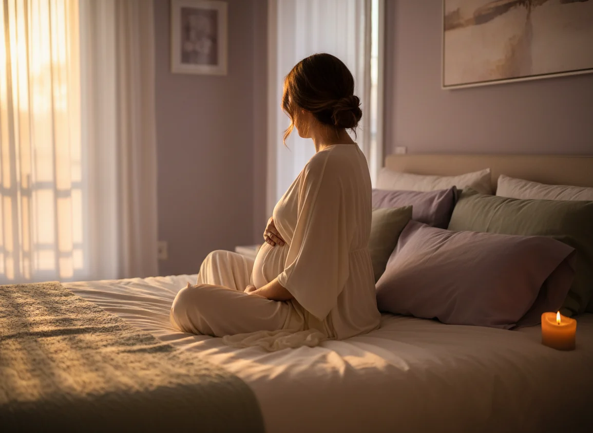 Pregnant woman from behind sitting peacefully on bed at twilight, hand on belly, soft warm lighting