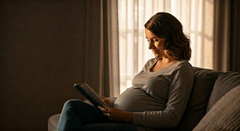 Best Pregnancy Books - Expectant mother reading a pregnancy book in a cozy living room at golden hour