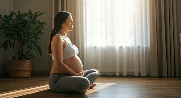 Birth Meditation - Pregnant woman meditating at home, focusing on positive birth outcomes