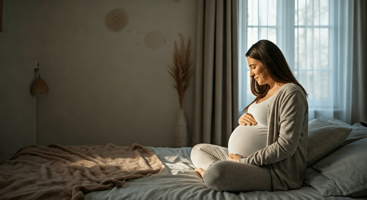 A pregnant woman reciting birthing affirmations in a serene bedroom setting