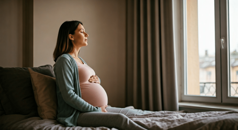 Breathing Exercises For Labor - Pregnant woman using deep breathing exercises in a birthing center with warm lighting