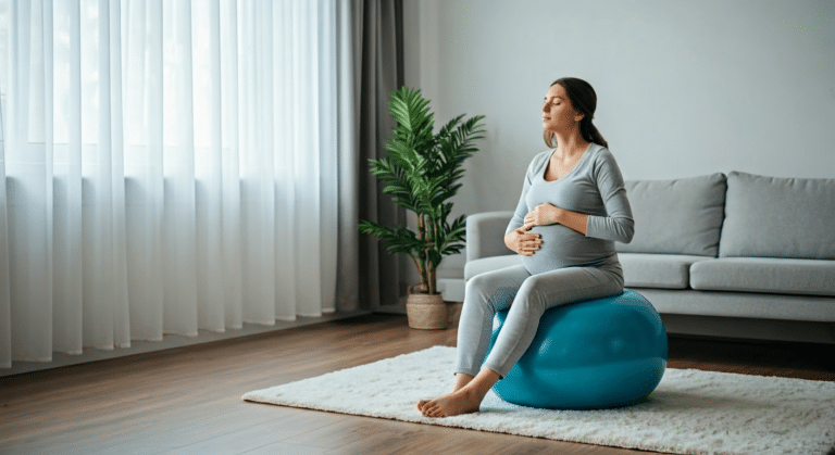 Breathing Techniques For Labor - Pregnant woman using deep breathing techniques on birthing ball at home