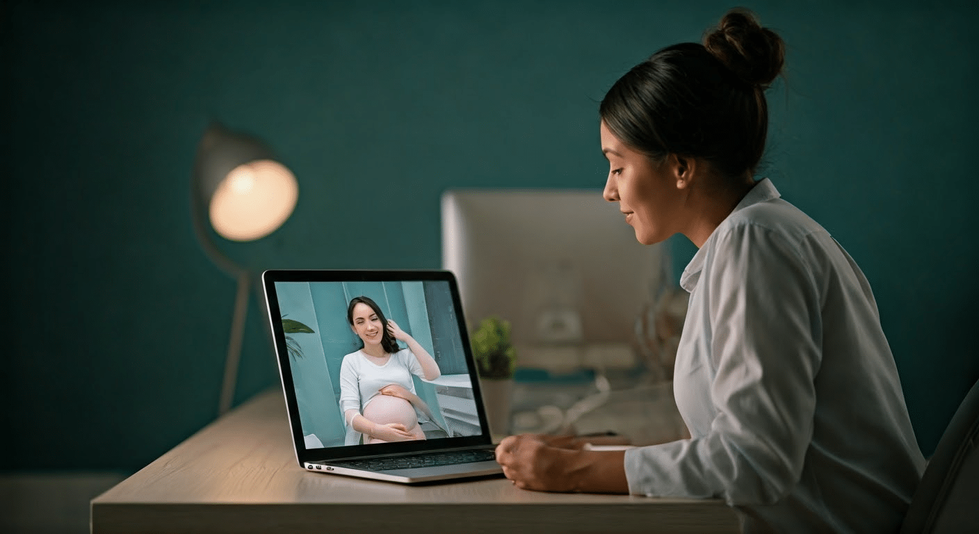 Close-up of a digital pregnancy announcement design displayed on a laptop screen