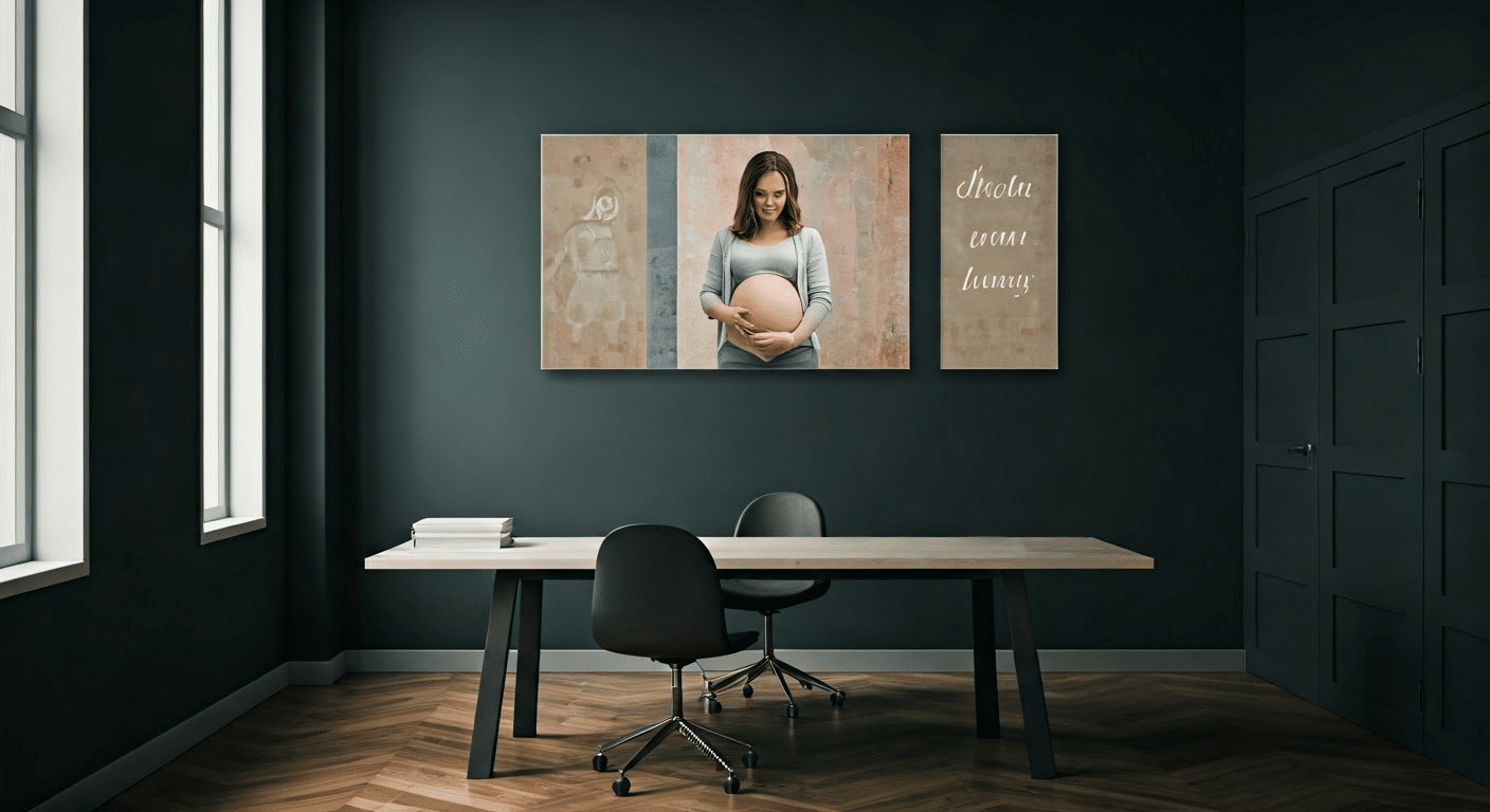 Close-up of a journal with handwritten pregnancy quotes, softly lit by a desk lamp