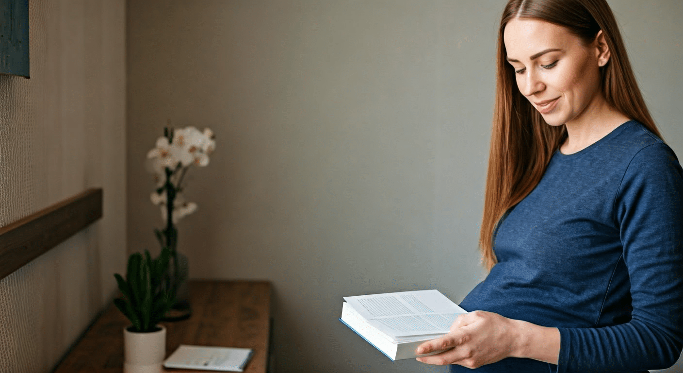 Close-up of a pregnancy book on a nursery shelf with a soft focus background