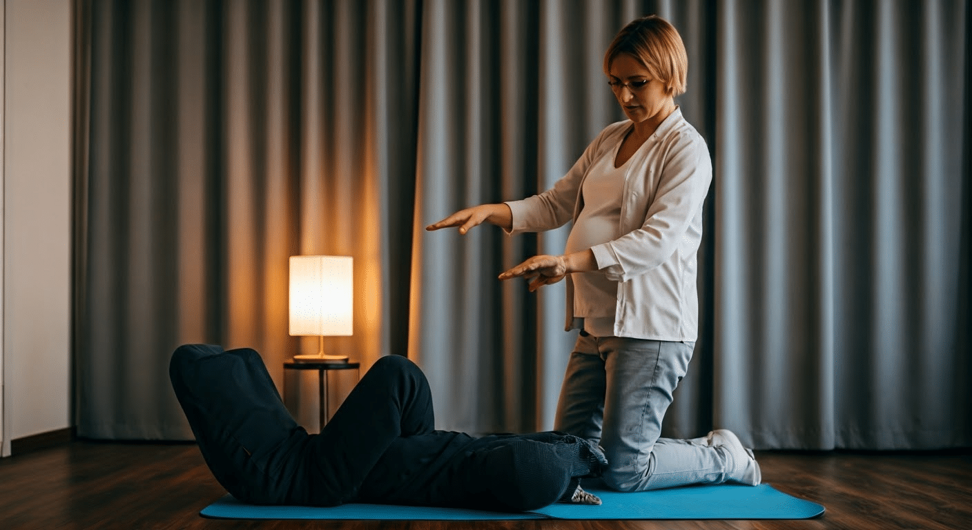 Close-up of a pregnant woman performing core strengthening exercises to prepare for labor