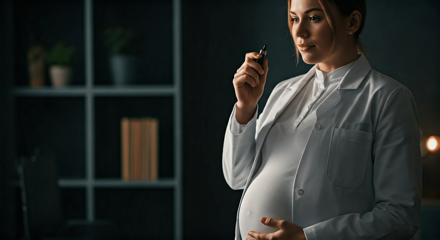 Close-up of a pregnant woman's hand holding a vape pen