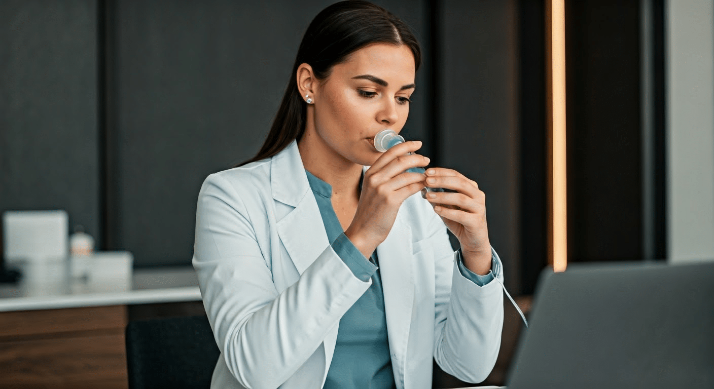 Close-up of a woman's face concentrating on Lamaze breathing techniques