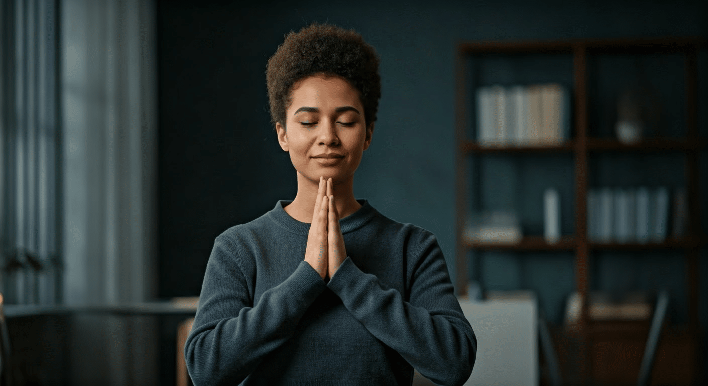 Close-up of hands interacting with a meditation app for labor support