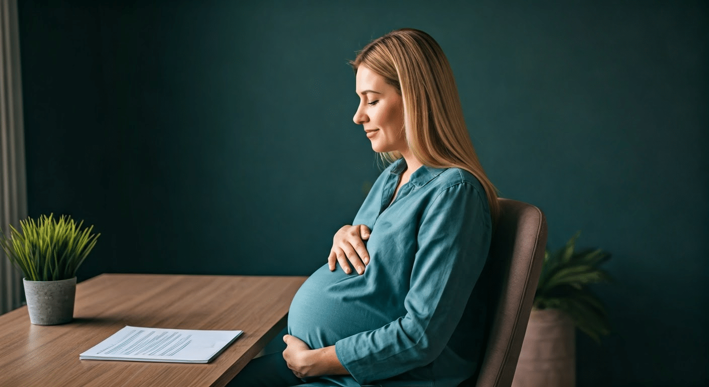 Close-up of pregnancy affirmation cards on a bedside table with soft evening lighting