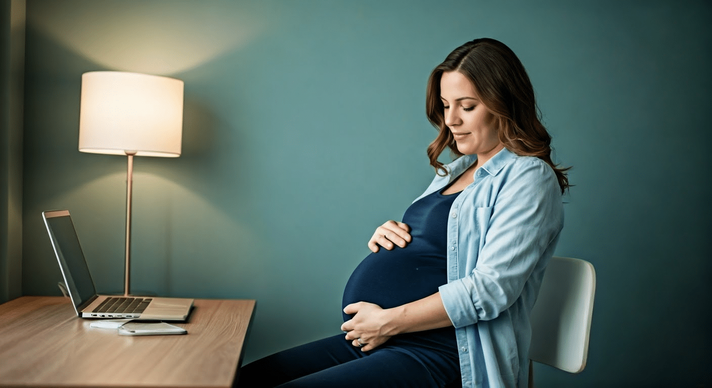 Close-up of pregnant belly with hands forming a heart shape, natural lighting