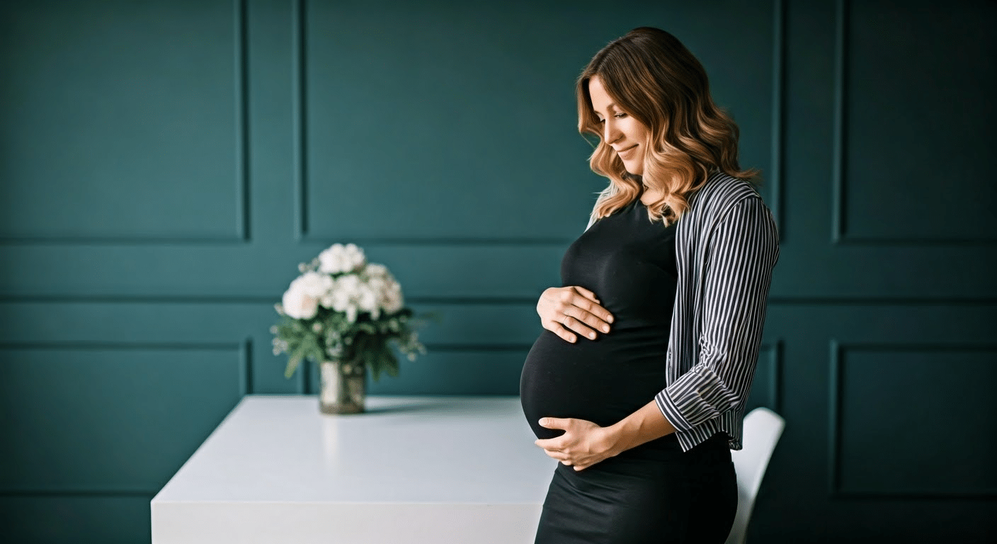 Close-up of tiny baby shoes resting on a pregnant belly, well-lit studio shot