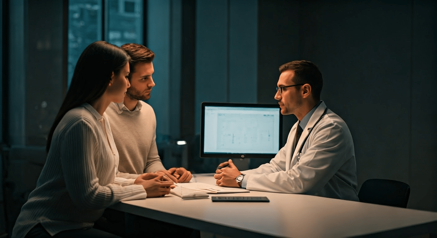 Doctor discussing contraction tracker with expectant couple