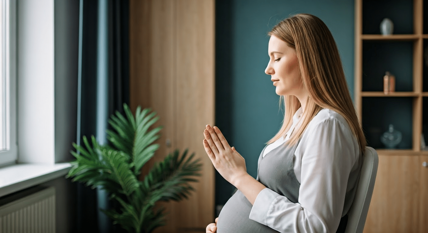 Couple practicing birth meditation in nature, enhancing connection and support