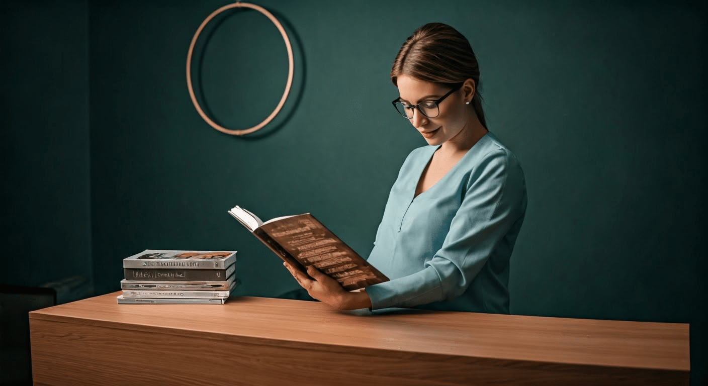 Couple reading a pregnancy book together at breakfast with morning light