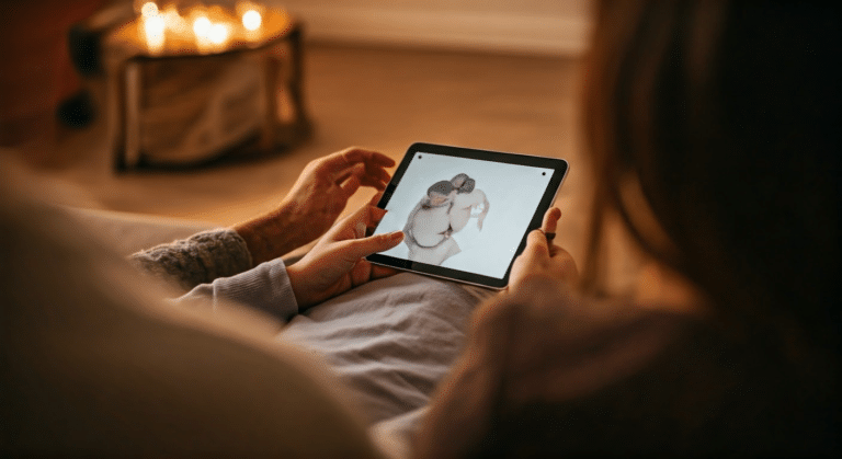 Couple using tablet to create a digital pregnancy announcement in a cozy living room