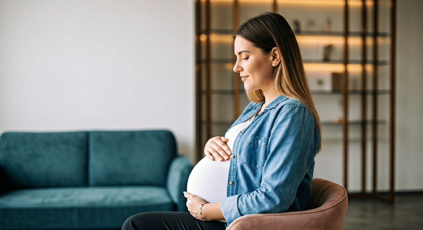 Expectant mother and partner practicing affirmations together in a cozy home setting