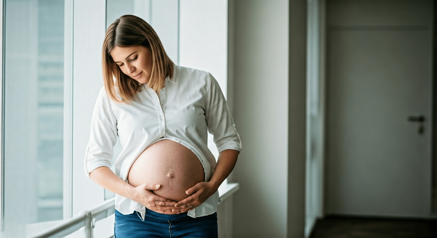 Expectant mother reading a baby book in a cozy living room, soft lighting