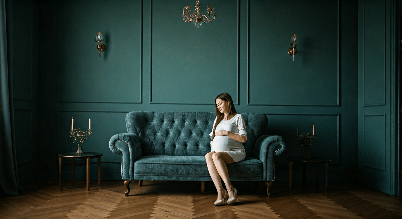 Expecting couple embracing in a softly lit living room, showing pregnancy joy