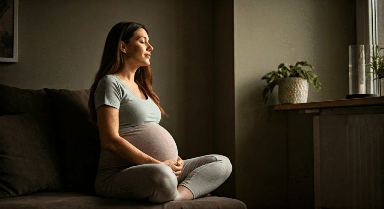 How To Prepare For Natural Birth - Pregnant woman practicing breathing exercises at home with focused calmness