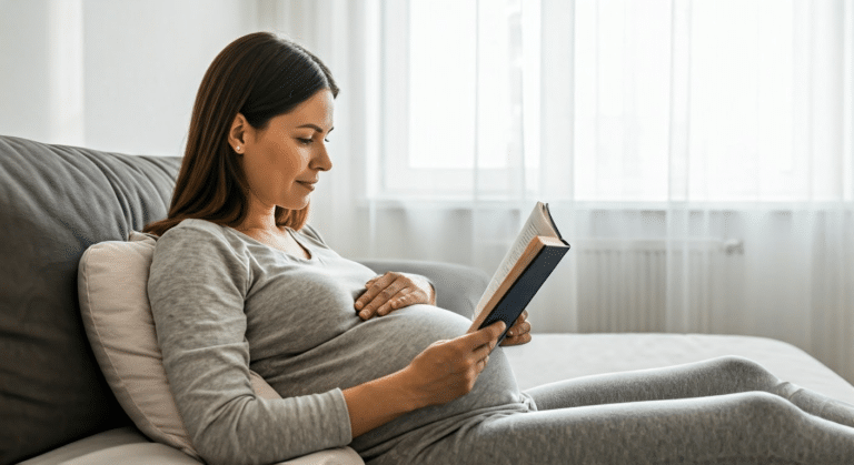 How To Use Pregnancy Pillow - Pregnant woman comfortably using a U-shaped pregnancy pillow while reading in bed