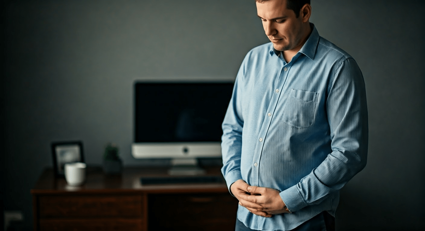 Husband in kitchen reading positive pregnancy test, displaying emotional reaction