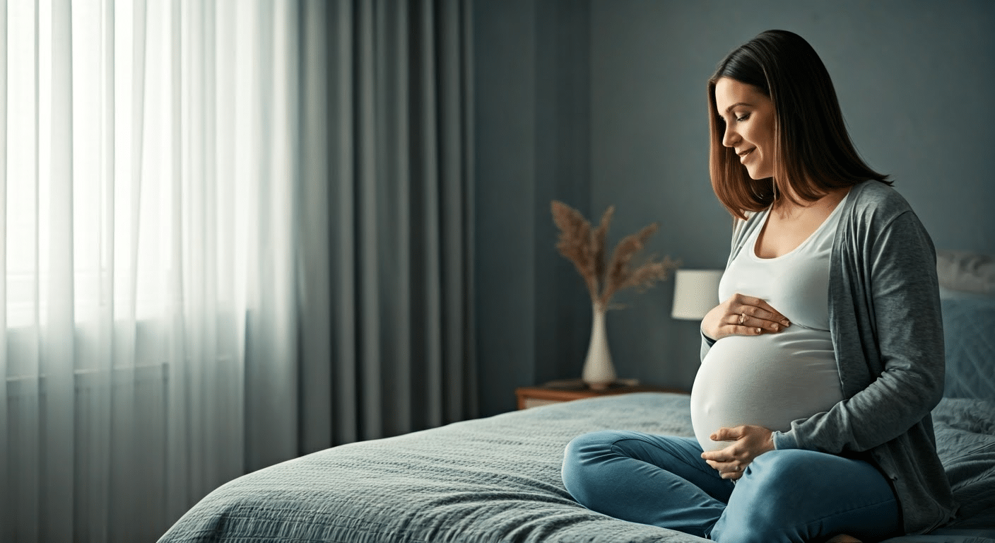 Pregnant woman calmly reciting hypnobirthing affirmations in a serene bedroom setting