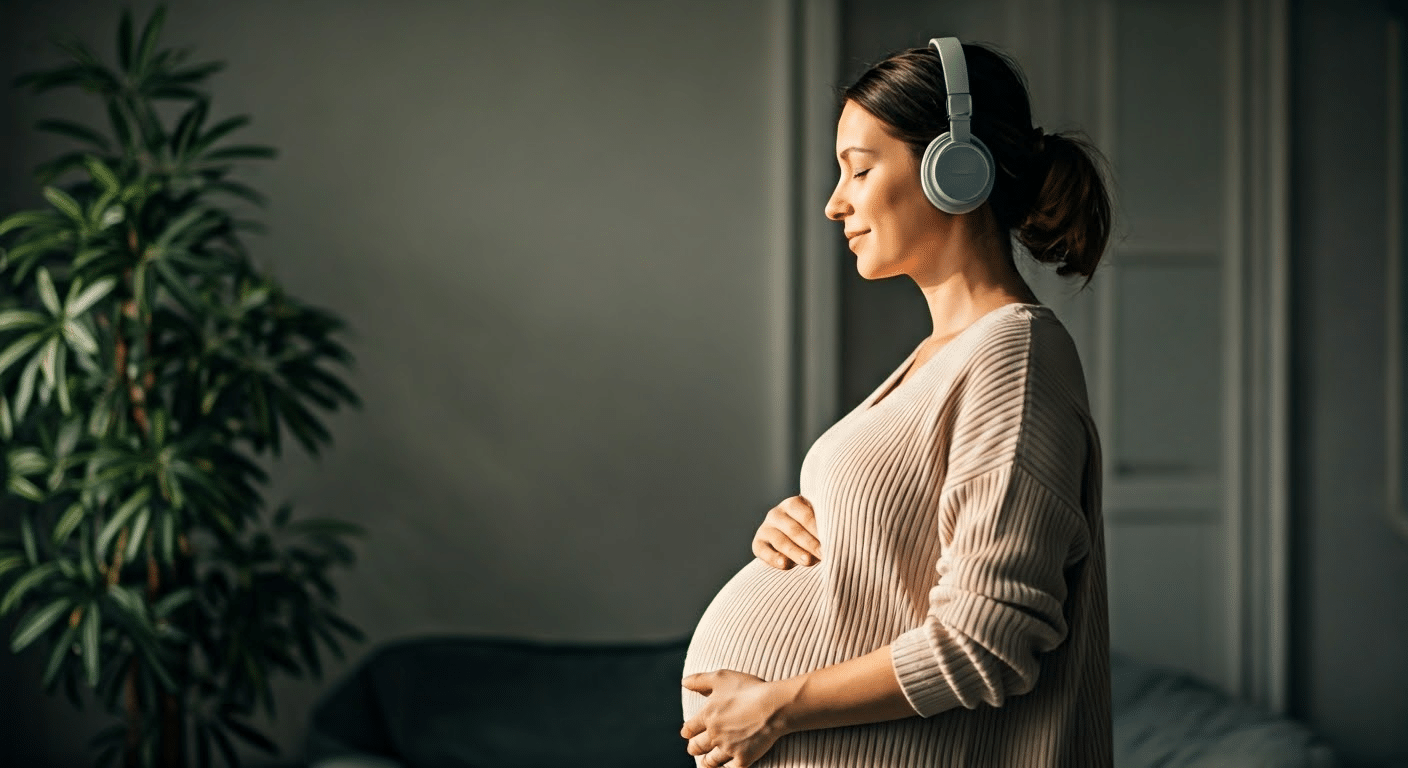 Labor Meditation - Pregnant woman using headphones for guided meditation in a peaceful home setting